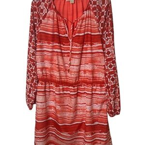Michael Kors Coral Orange Red Striped Print Shirt Dress Sz 14 Tie Dye Polyester